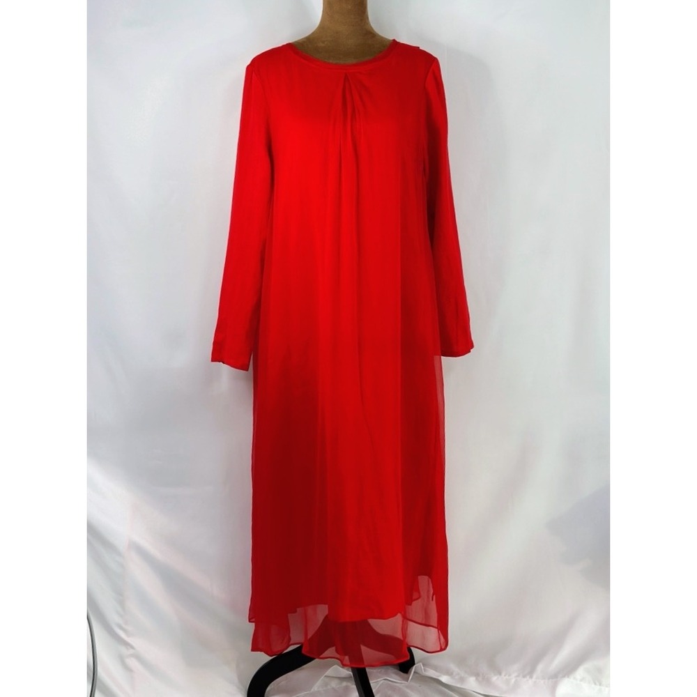 Fantiow Maxi Dress Women Size M Red New Chiffon Long Sleeve‎ Split Back Overlay
